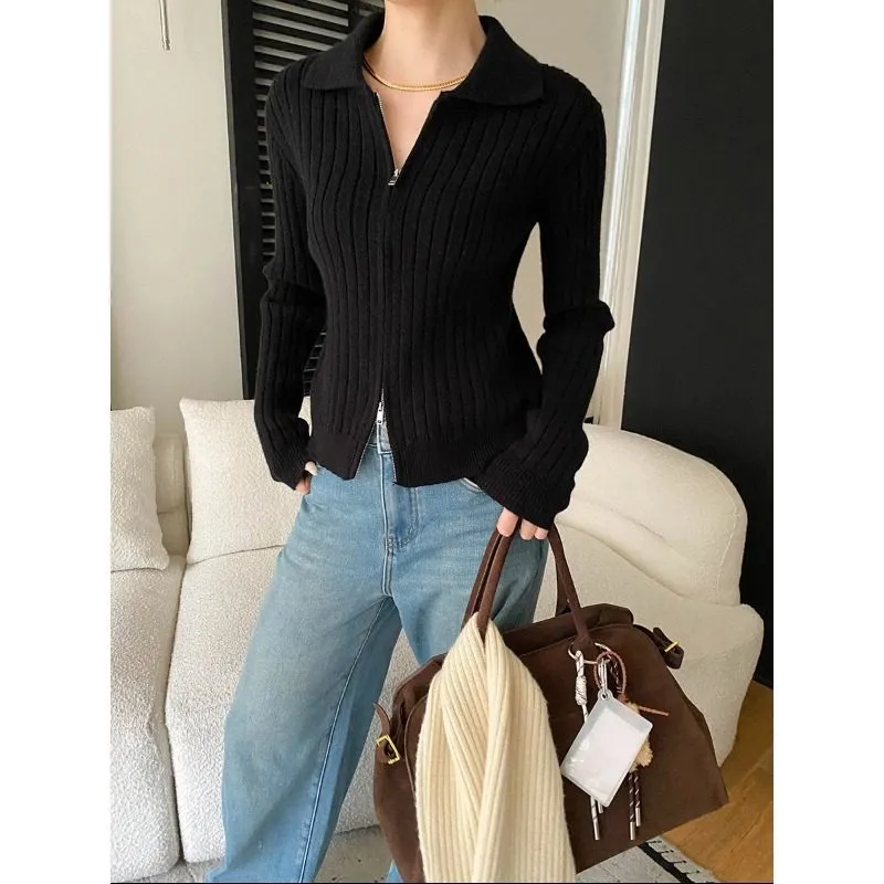 Ribbed Zip Front Polo Collar Ribbed Sweater