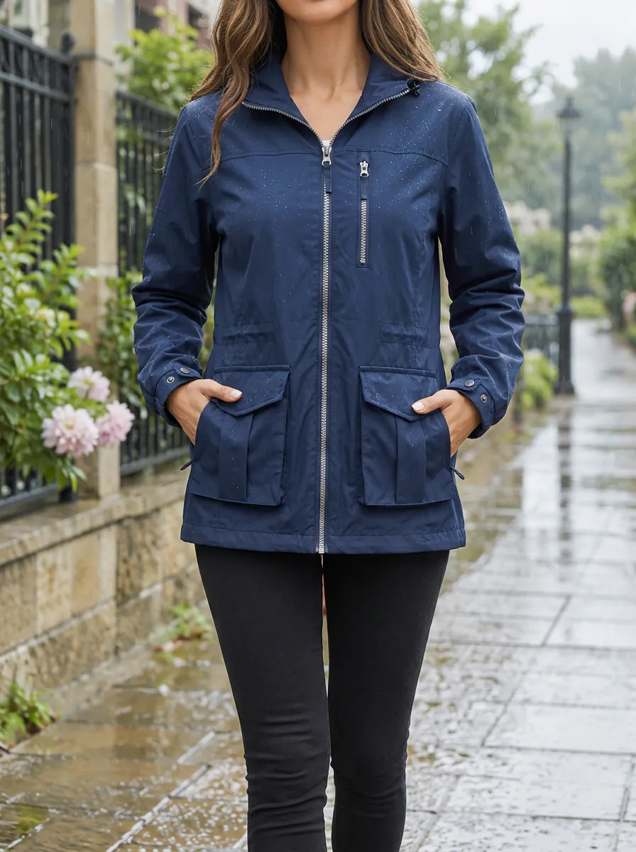Women's Navy Blue Hooded Waterproof Rain Jacket with a Stand Collar