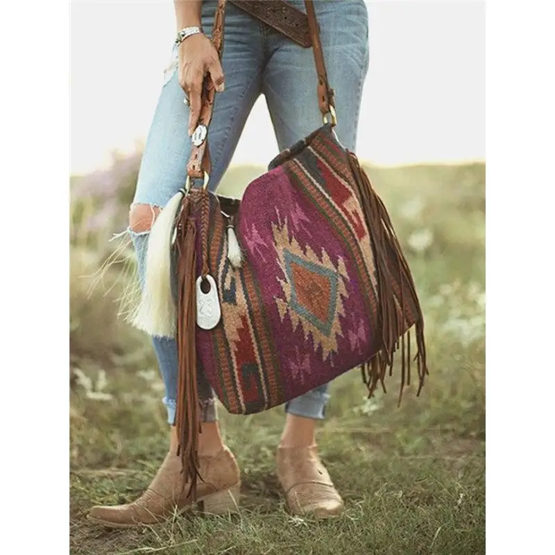 Casual Ethnic Pattern Tassel Shoulder Bag