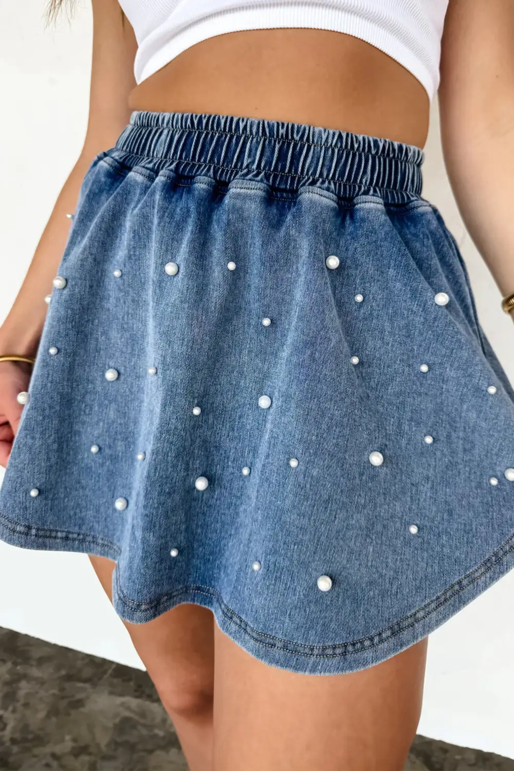 Denim Pearl Embellished Elastic Waist Mini Skort Denim Shorts