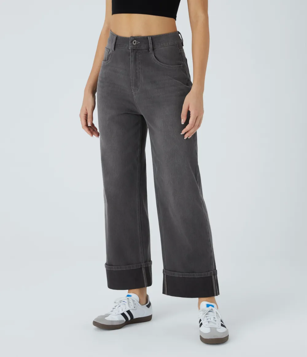 Magic High Waisted Multiple Pockets Rolled Hem Wide Leg Washed Stretchy Knit Casual Jeans