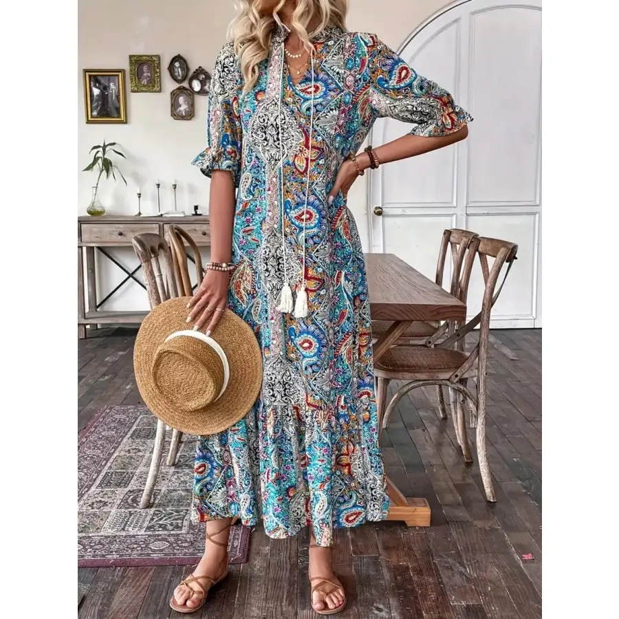 Tie Neck Flounce Sleeve Midi Dress