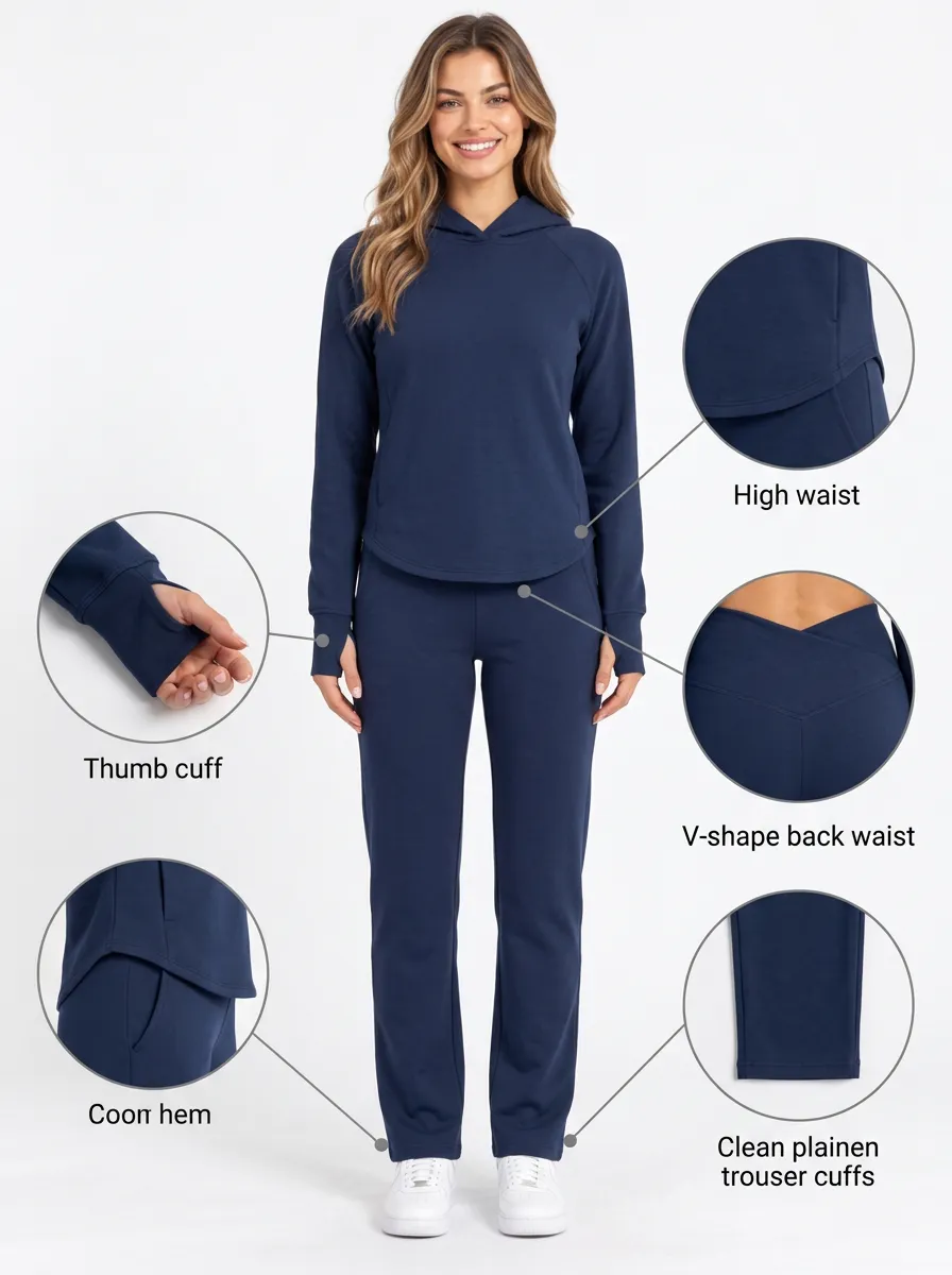 Women's Solid Navy Thumb Cuff V-Waist Hoodie Lounge Set