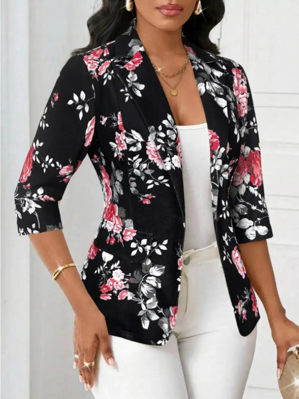 Single-Button Floral-Print Blazer