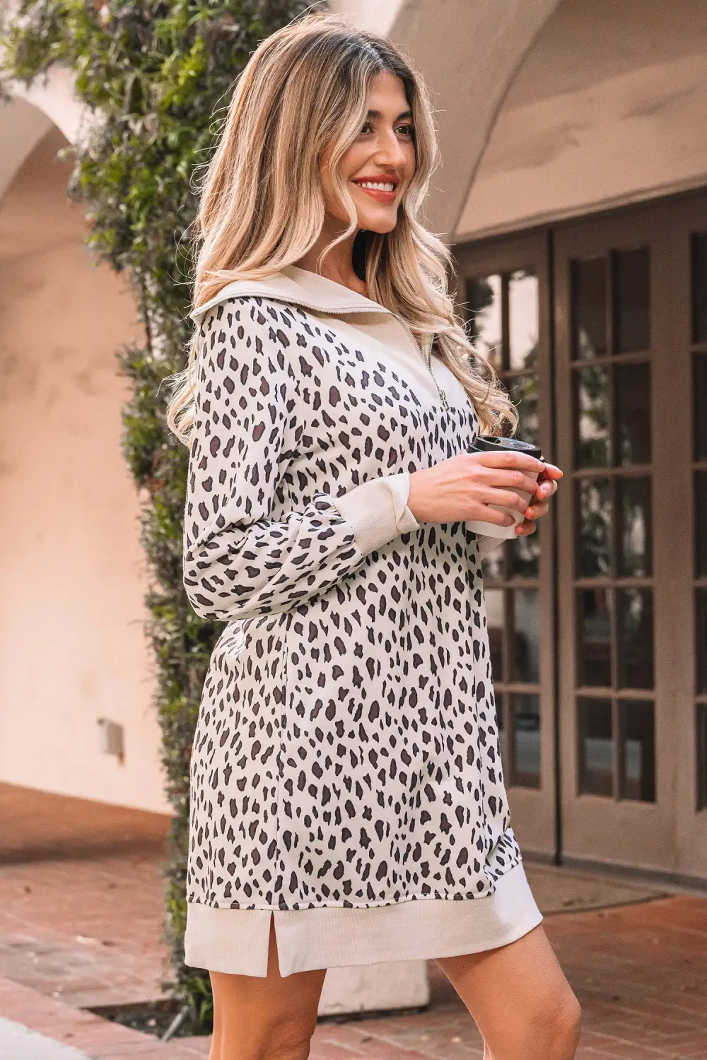 Textured Detail Animal Print Patchwork Zip Front Mini Dress