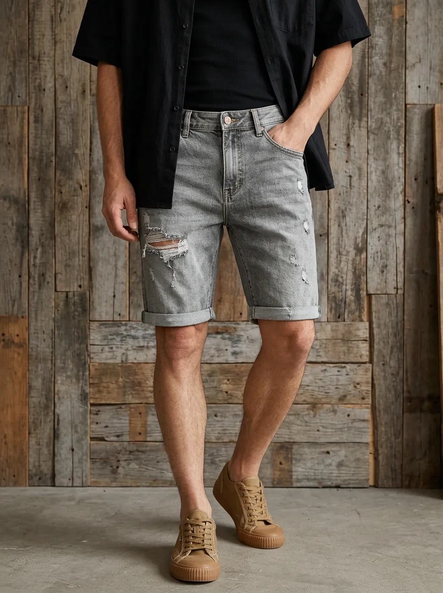 Men's Denim Zip Fly Distressed Denim Shorts