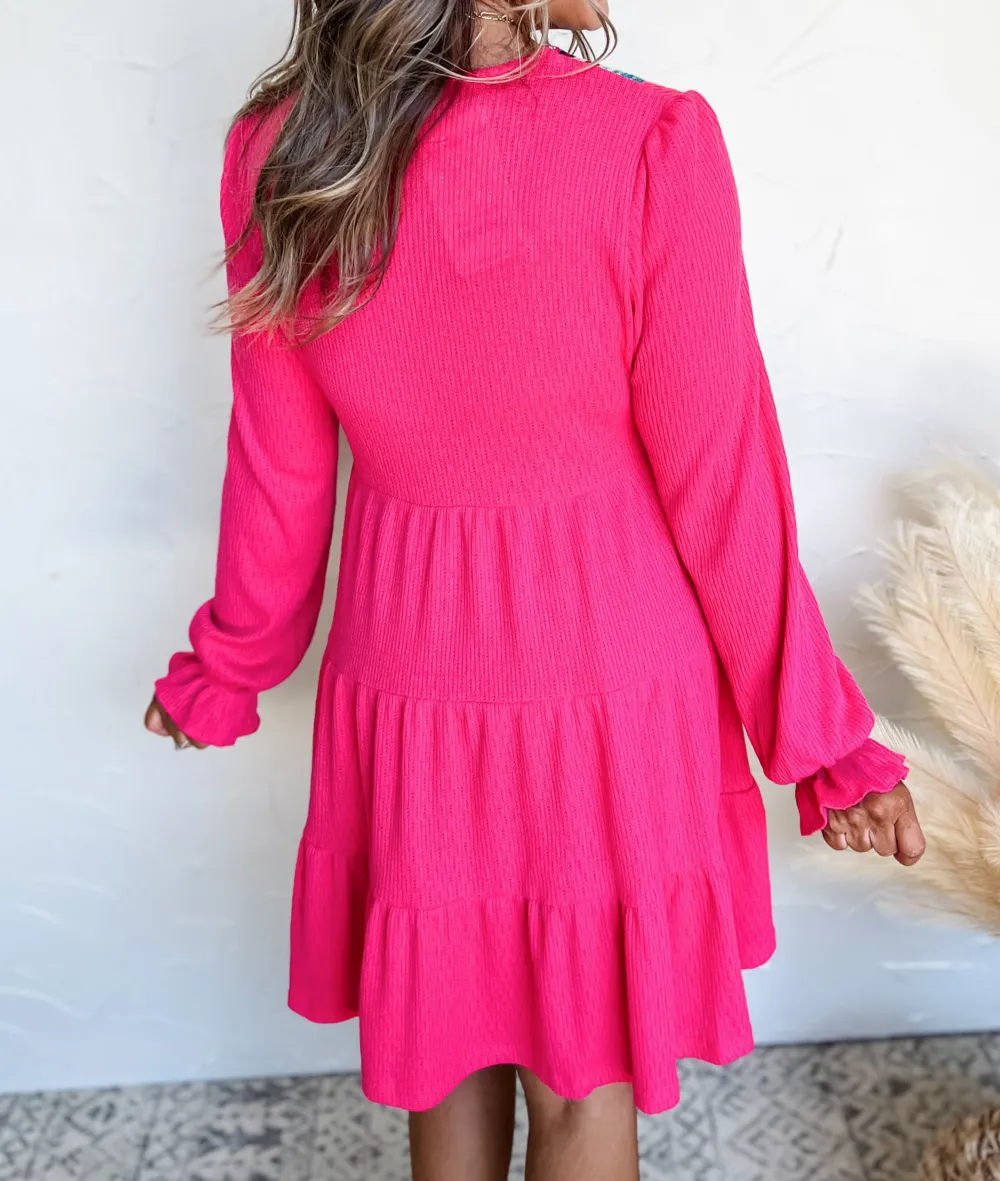 Colorful Crochet V Neck Textured Tiered Ruffled Long Sleeve Mini Dress