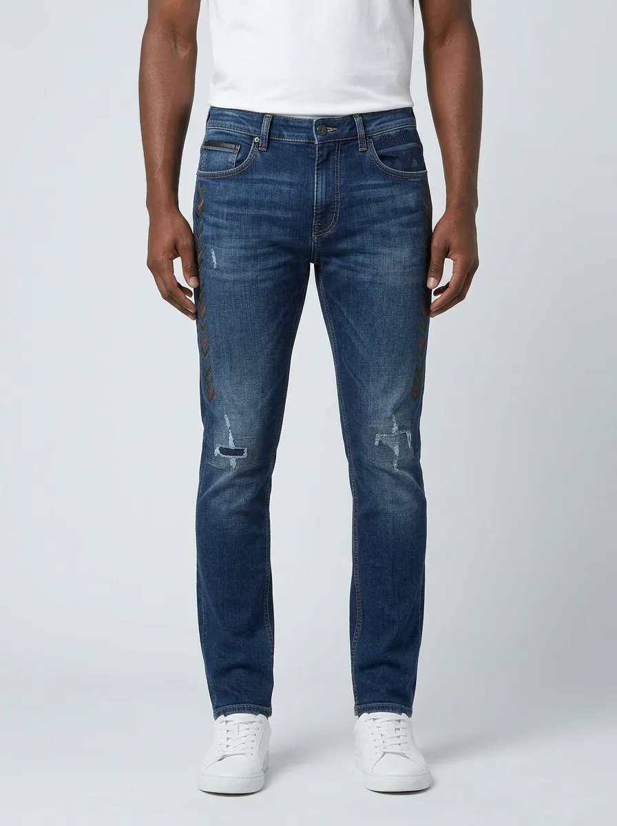 Men's Chevron Pattern Distressed Printed Slim-Fit Jeans
