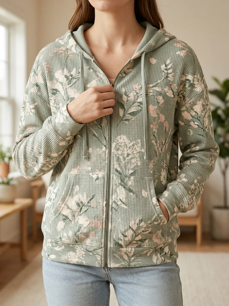 Women's Sage Floral Signature Design Waffle Zip-Up Hoodie