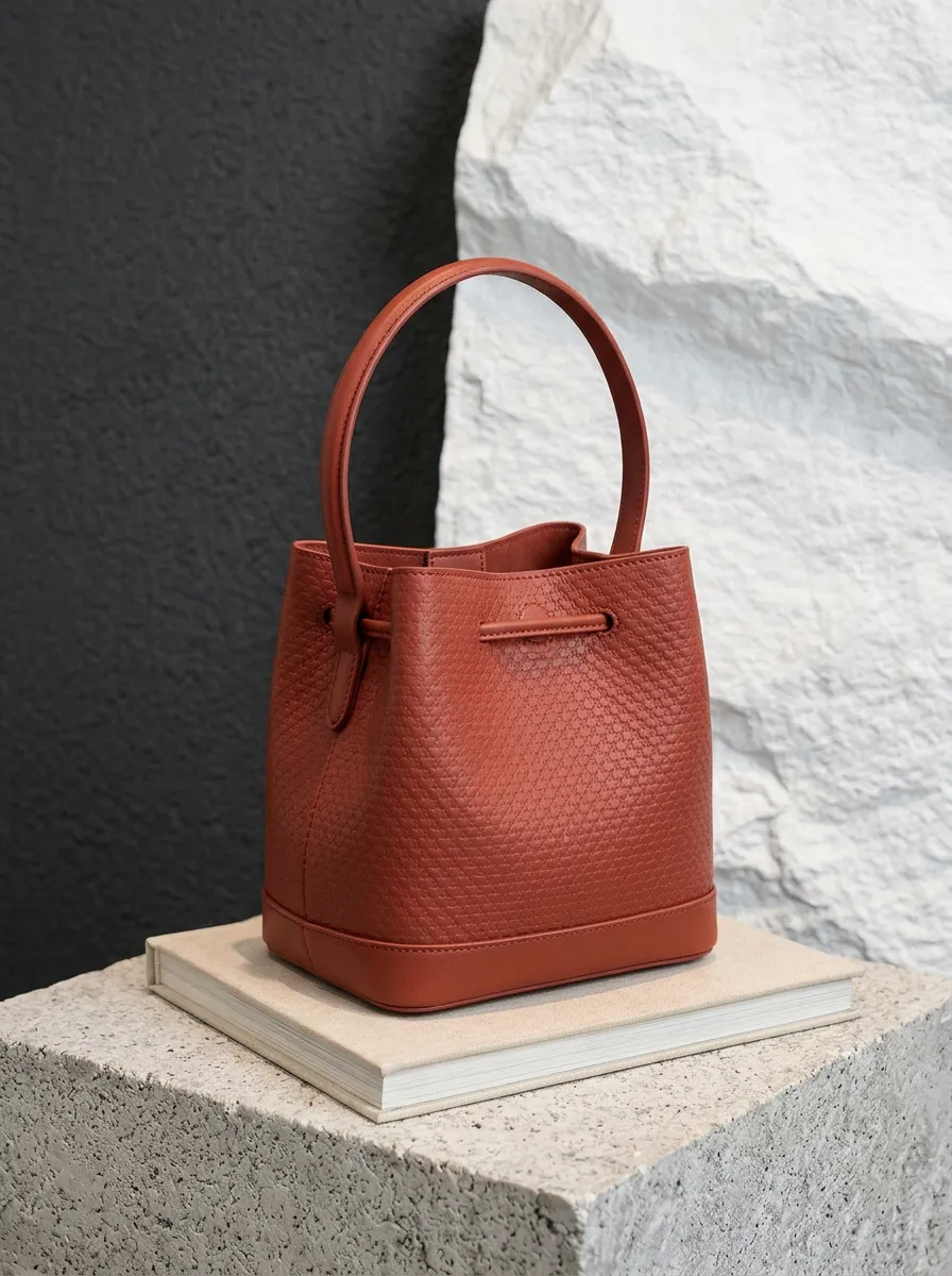 Women's Geometric-Embossed Drawstring Single-Handle Bucket Bag