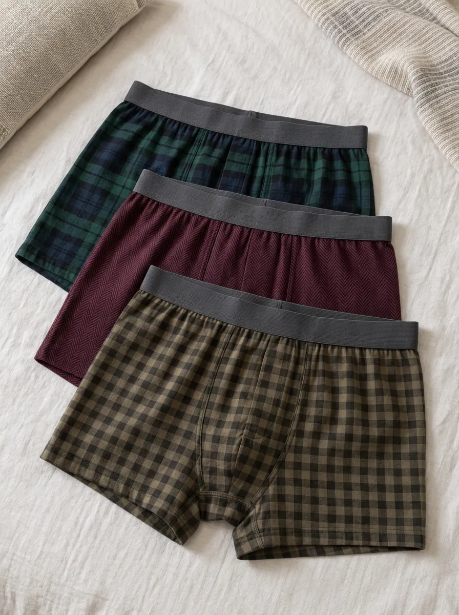 Men's Plaid and Herringbone Pattern Printed Boxer Briefs 3-Pack