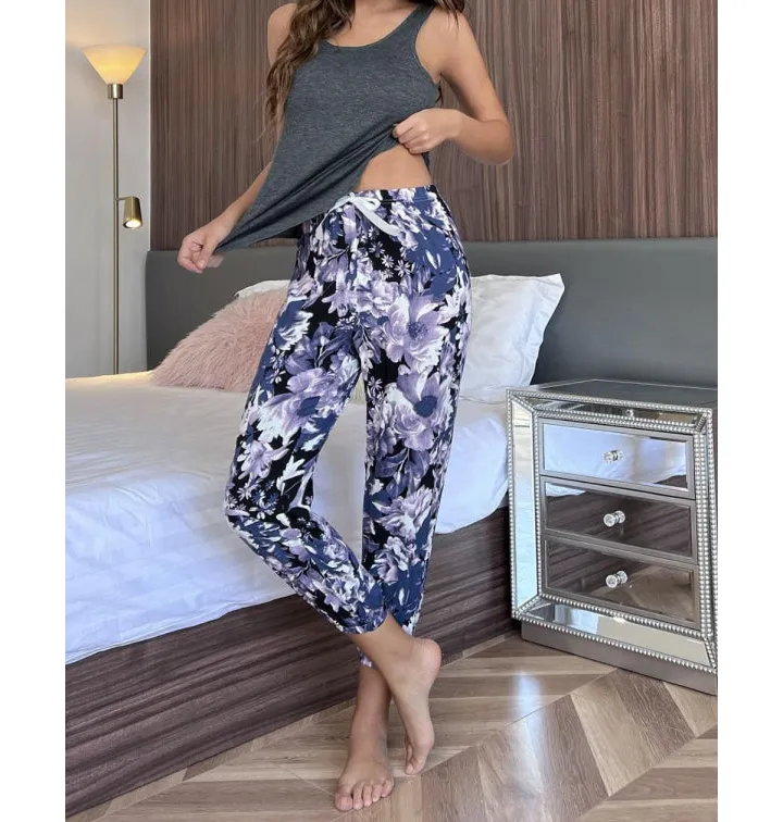 Scoop Neck Tank and Floral Cropped Pants Lounge Set