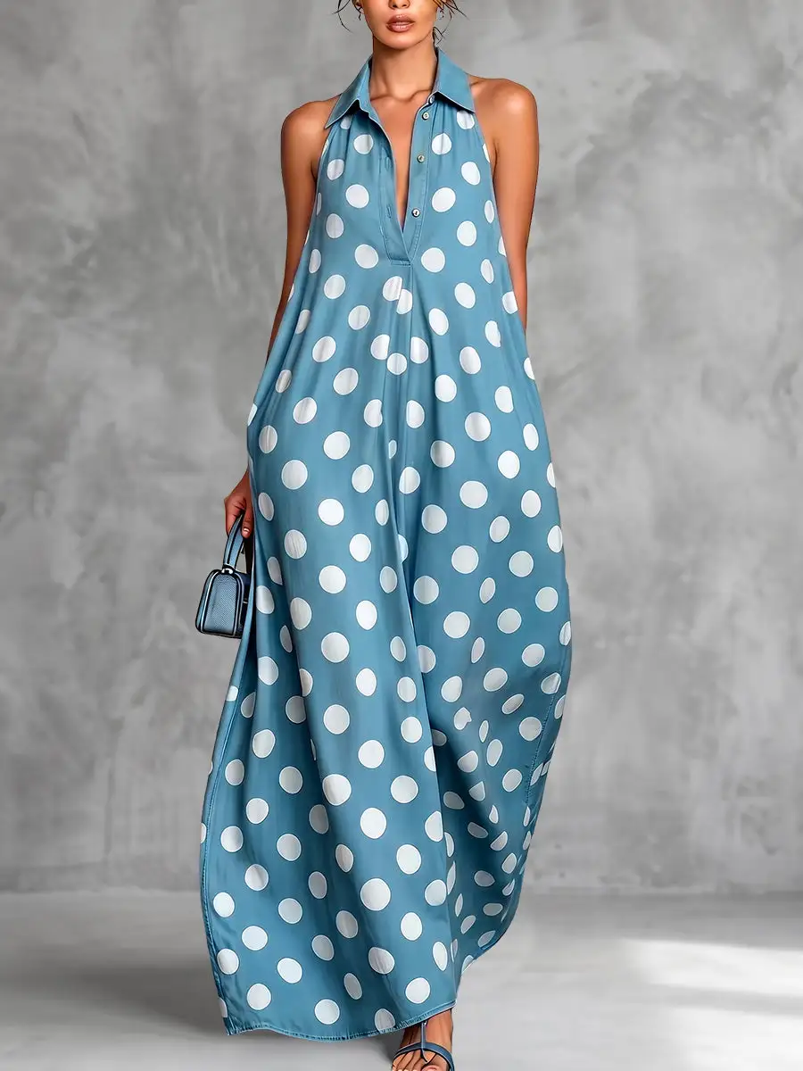 Pleated Polka Dot Buttoned Maxi Dress