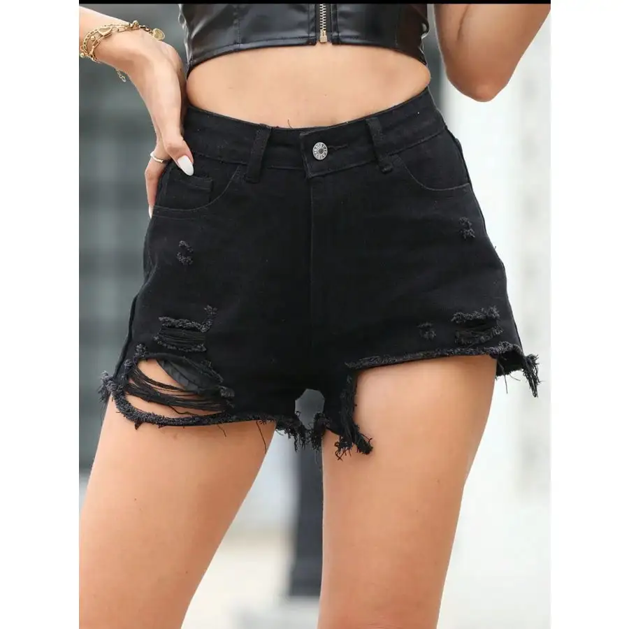 Everyday Buttoned Raw Hem Distressed High Waist Shorts