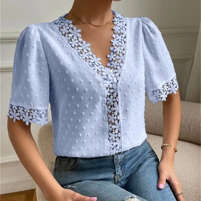 Lace Trim V-Neck Short Sleeve Blouse