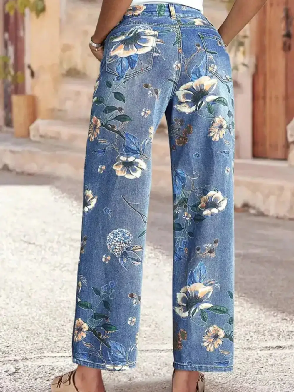 Floral Print Wide Leg Jeans Cropped For Women