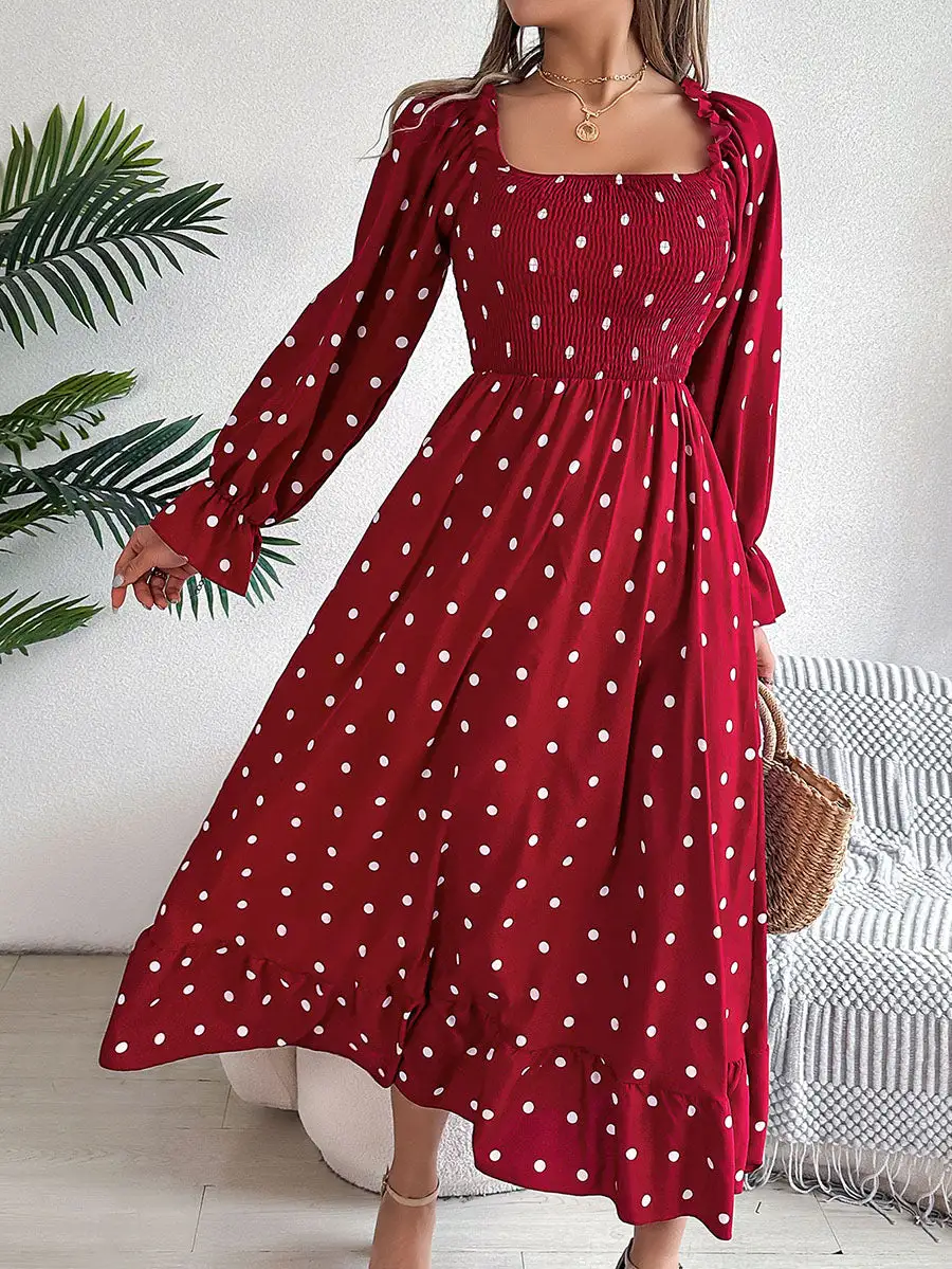 Pleated Ruffled Polka Dot Long Neck Shirt