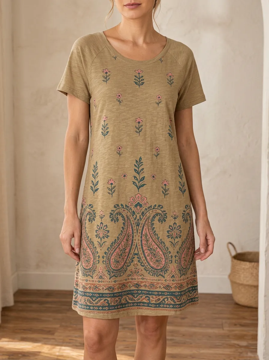 Women's Boho Floral Paisley Printed T-shirt Dress