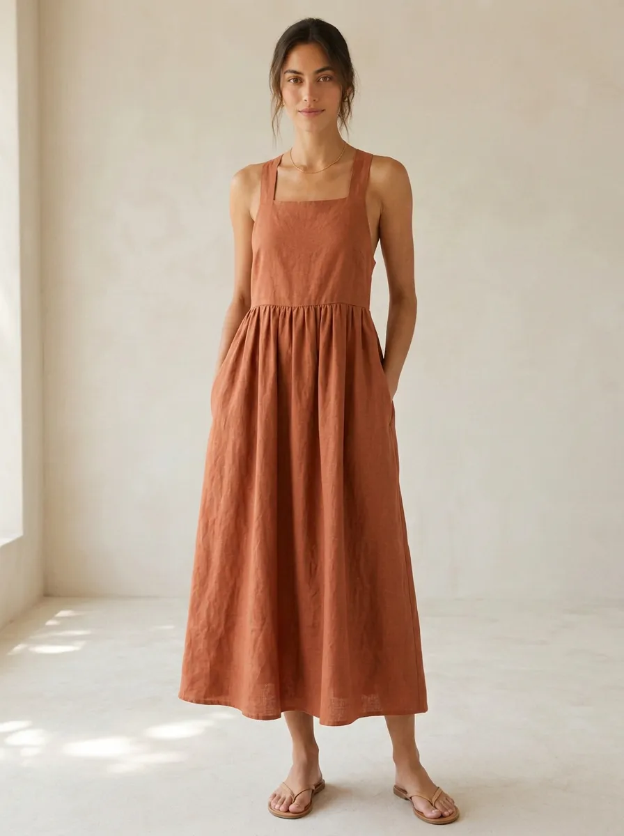 Women's Refined Casual Cross-Back Linen Backless Dress