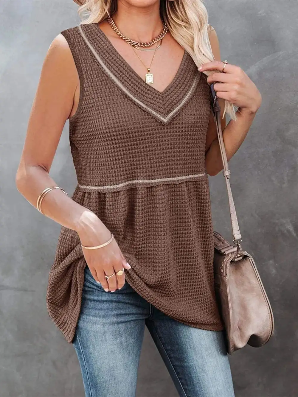 V-Neck Waffle Knit Tank Top With Contrast Stitching