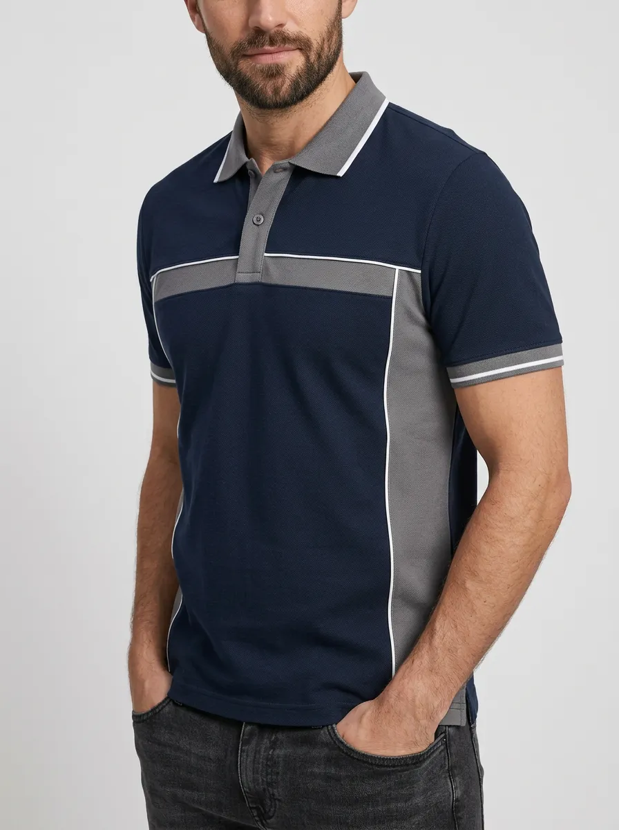 Men's Sport Navy Grey Colorblock Contrast Trim Polo Shirt