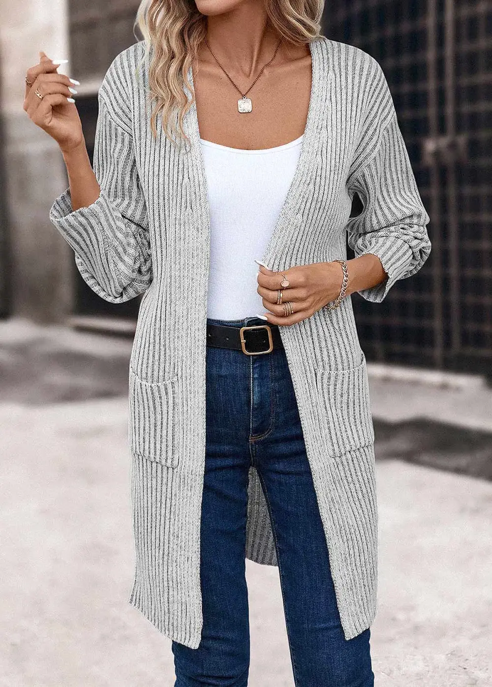 Light Grey Pocket Long Sleeve V Neck Coat