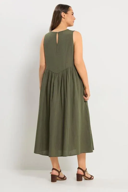 Khaki Green Sleeveless Linen Midi Dress