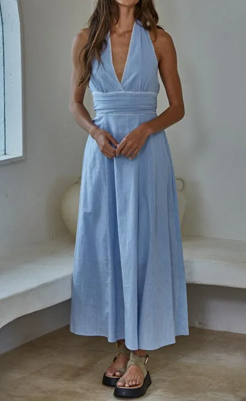Light Blue Halter Neck Maxi Dress