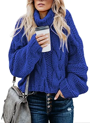Womens Turtle Cowl Neck Solid Color Soft Comfy Cable Knit Pullover Sweaters S-2XL