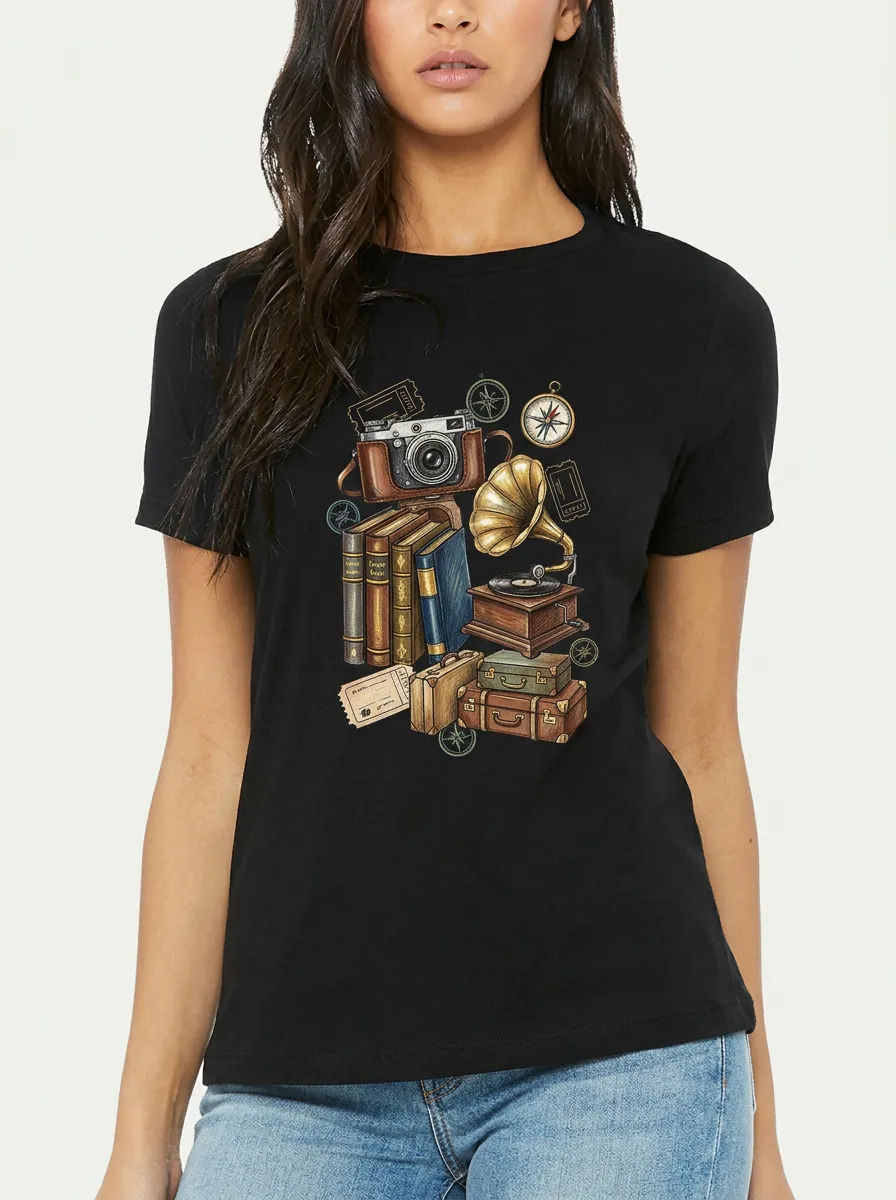 Women's Travel Lover Vintage Camera Books Gramophone Printed T-shirt