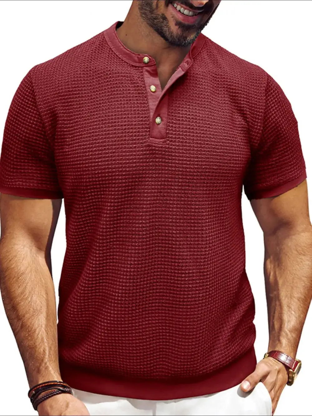 Textured Henley Short Sleeve Tee