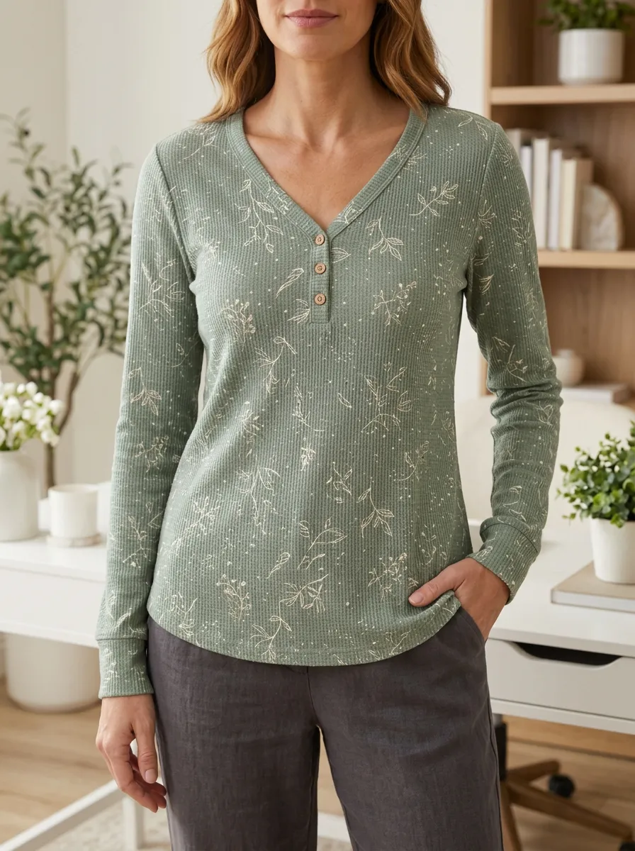 Women's Botanical Nature Lover Floral Printed Waffle Top V-Neck Button T-Shirt