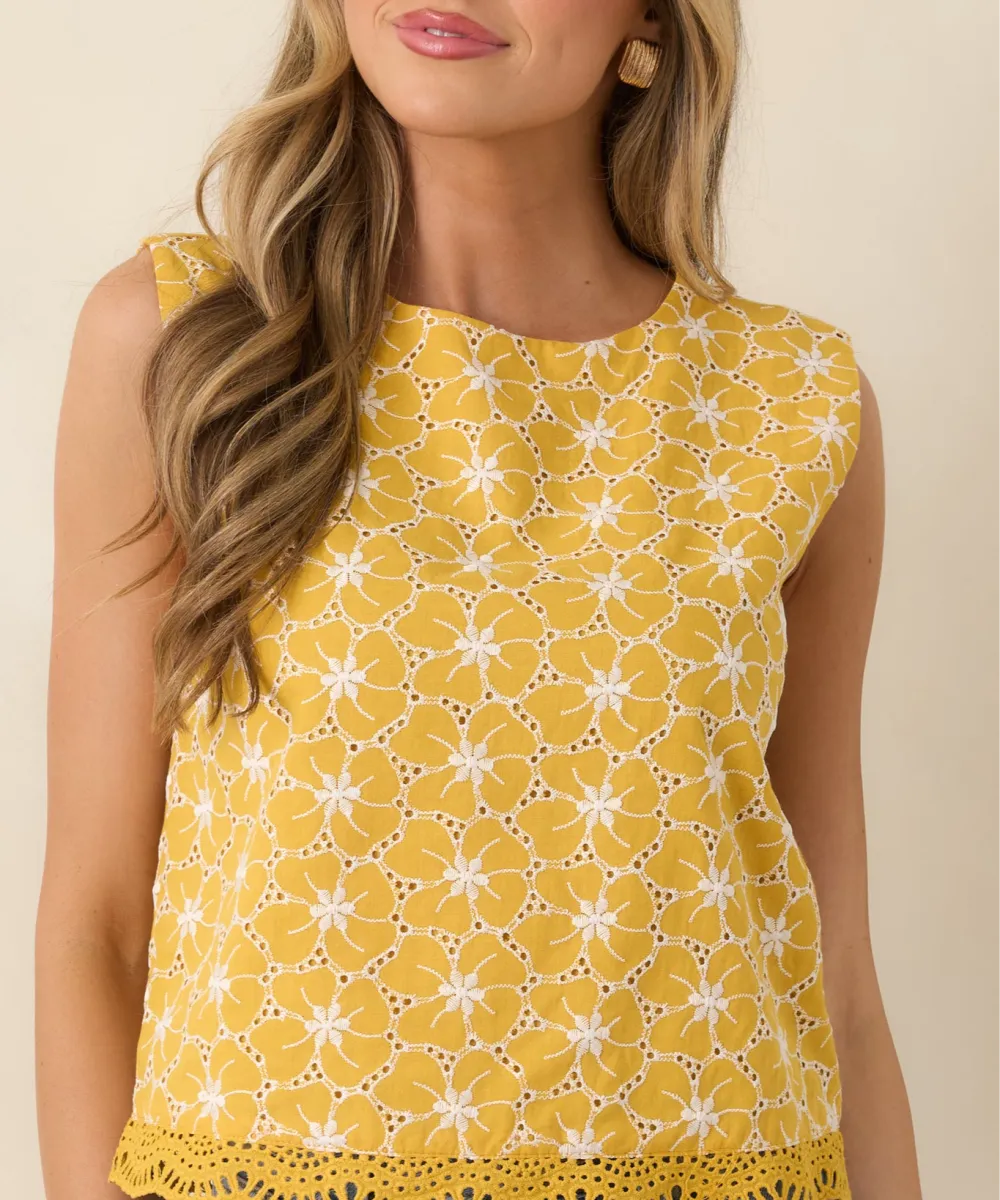 Sleeveless Scalloped Embroidered Floral Blouse