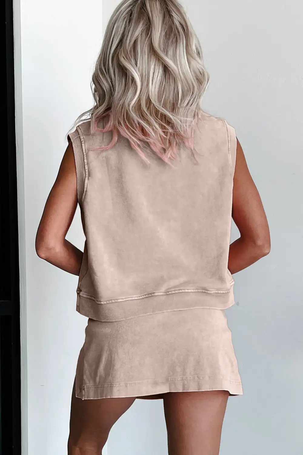 Women's Solid Color Washed Sleeveless Top Split Skort Cotton Two Piece Matching Set