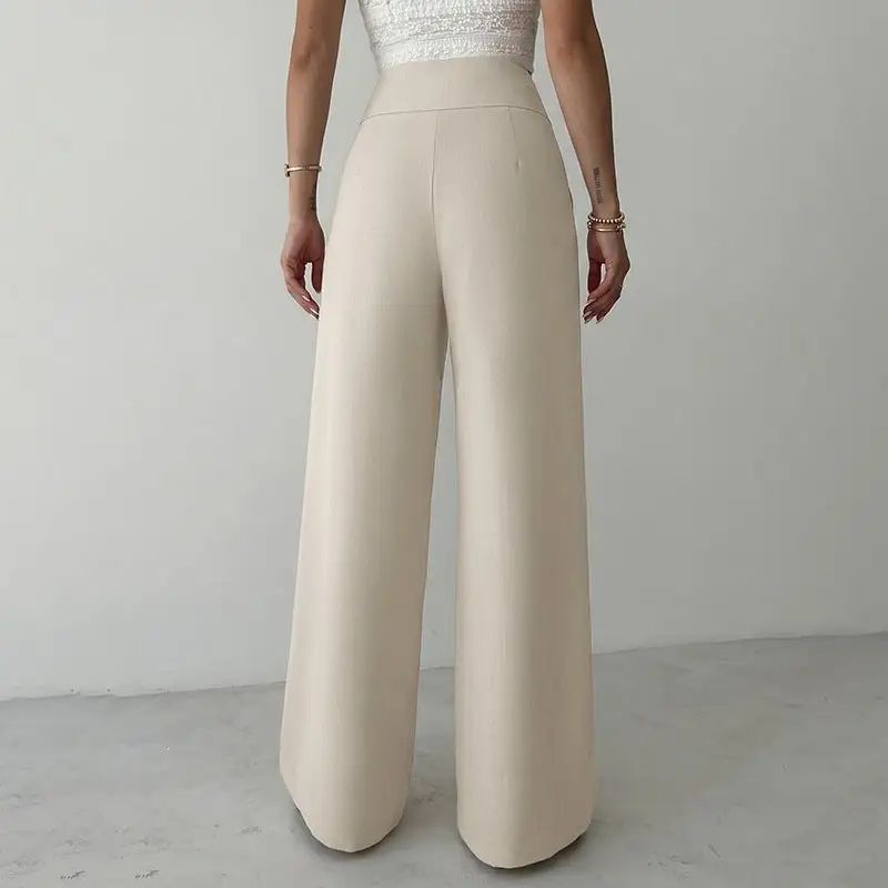 Women's High Waist Straight Leg Button Detail Pants