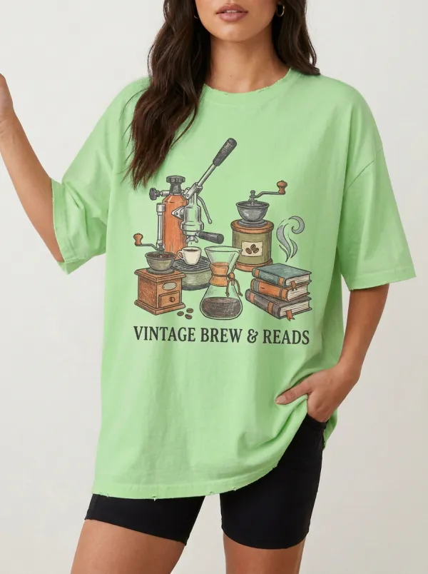 Women's Coffee-Inspired Bookworm Vintage Brew Reads Printed T-Shirt