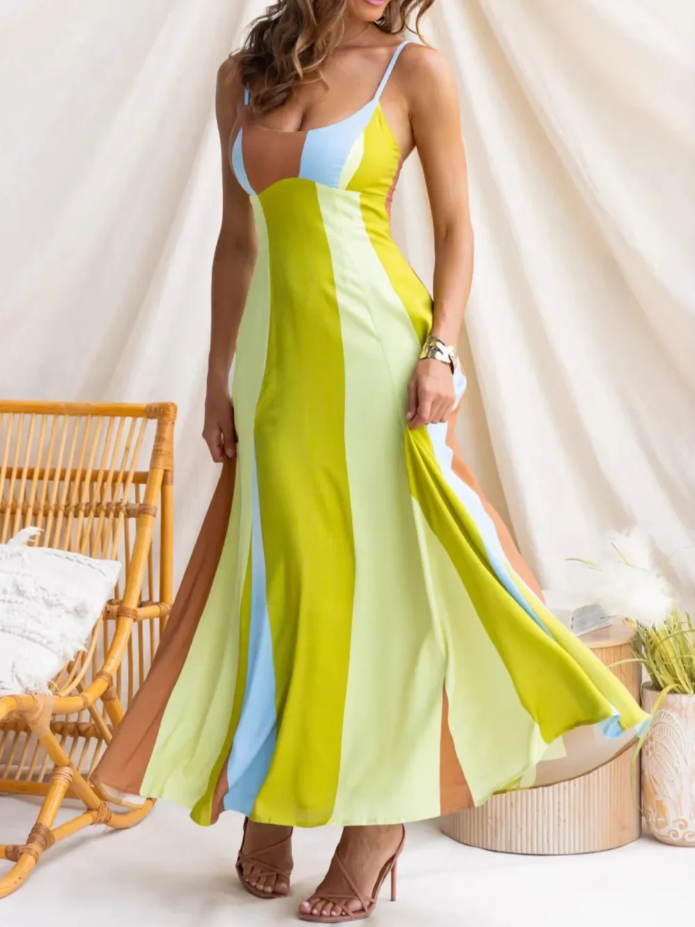Color Block Spaghetti Strap Maxi Dress