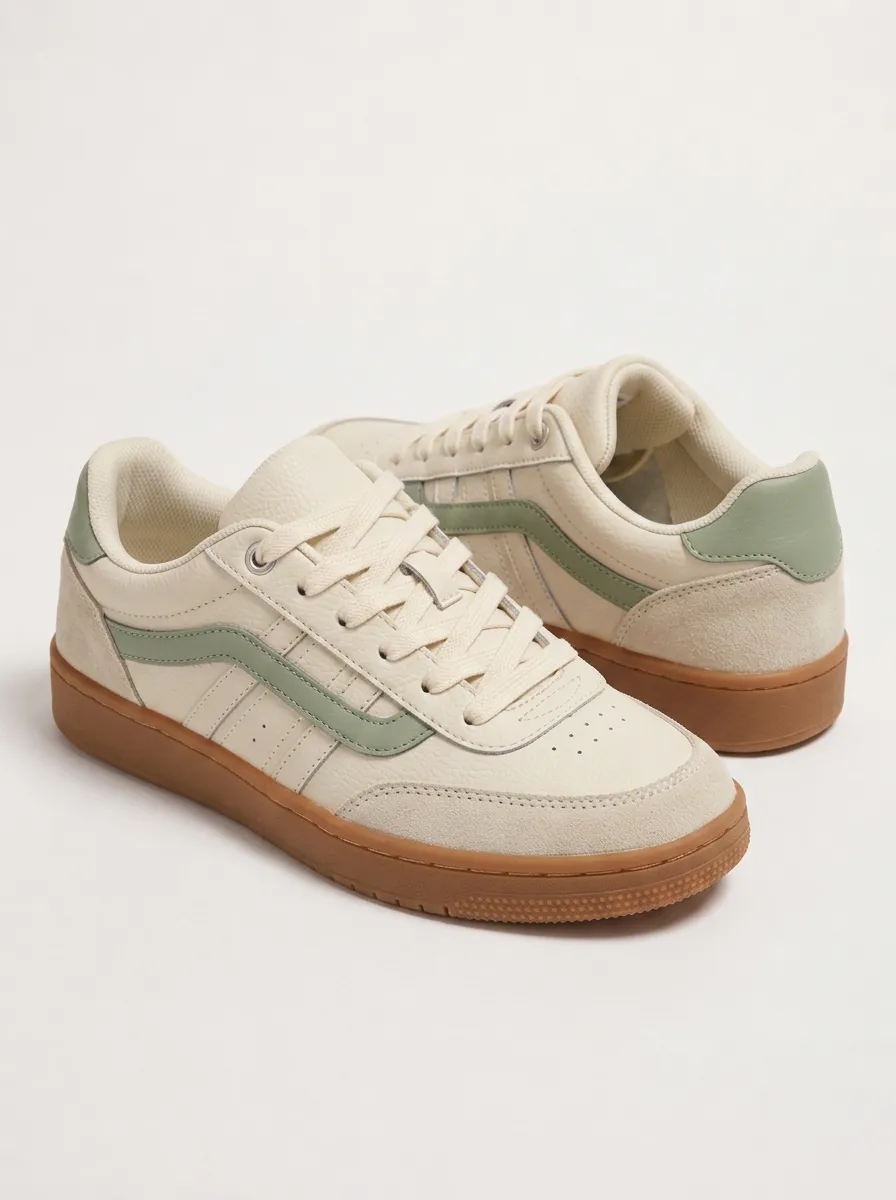 Women's Casual Sage Green Accent Cream Leather Sneakers