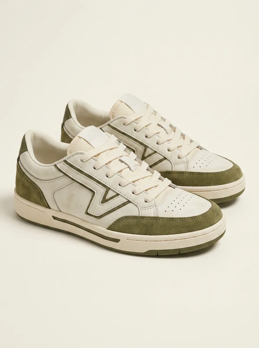 Women's Casual Olive Green Suede Paneled Leather Sneakers