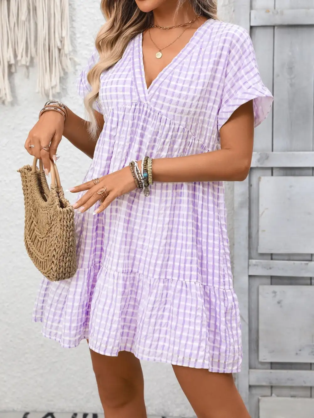 Modern V Neck Ruffle Mini Dress