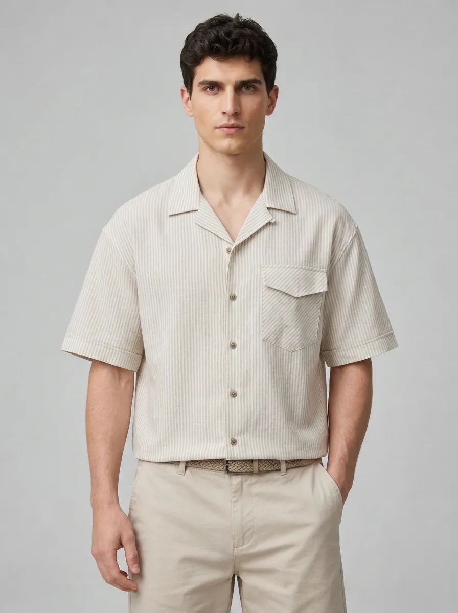 Men's Casual Summer Beige Striped Breathable Short Sleeve Shirt