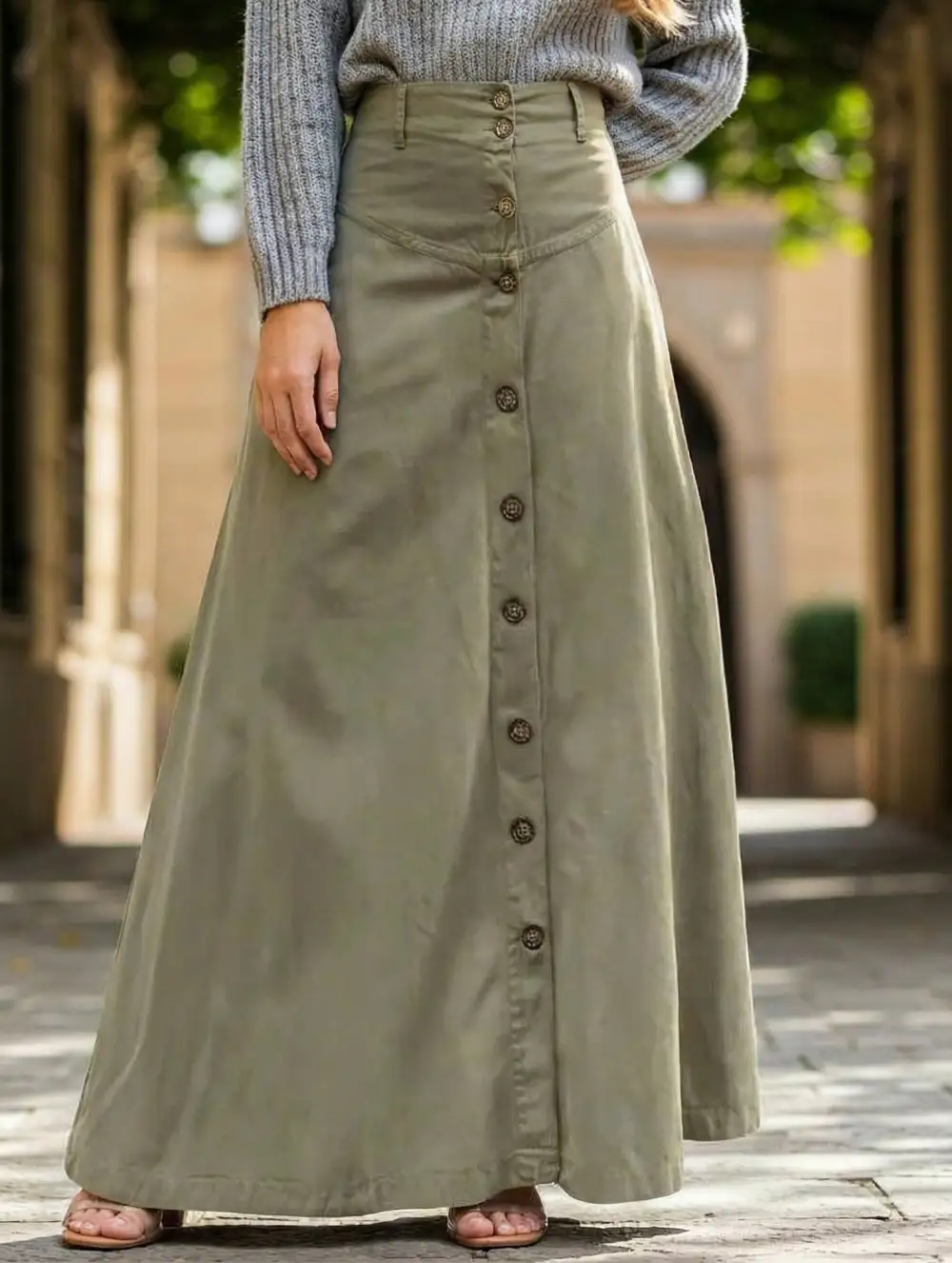 Button Front Slit A-Line Midi Skirt