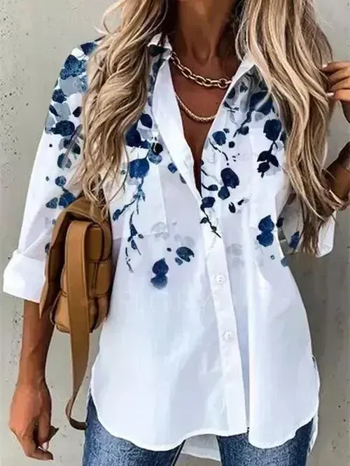 Women Long Sleeve Stand-up Collar Printed Graphic Top
