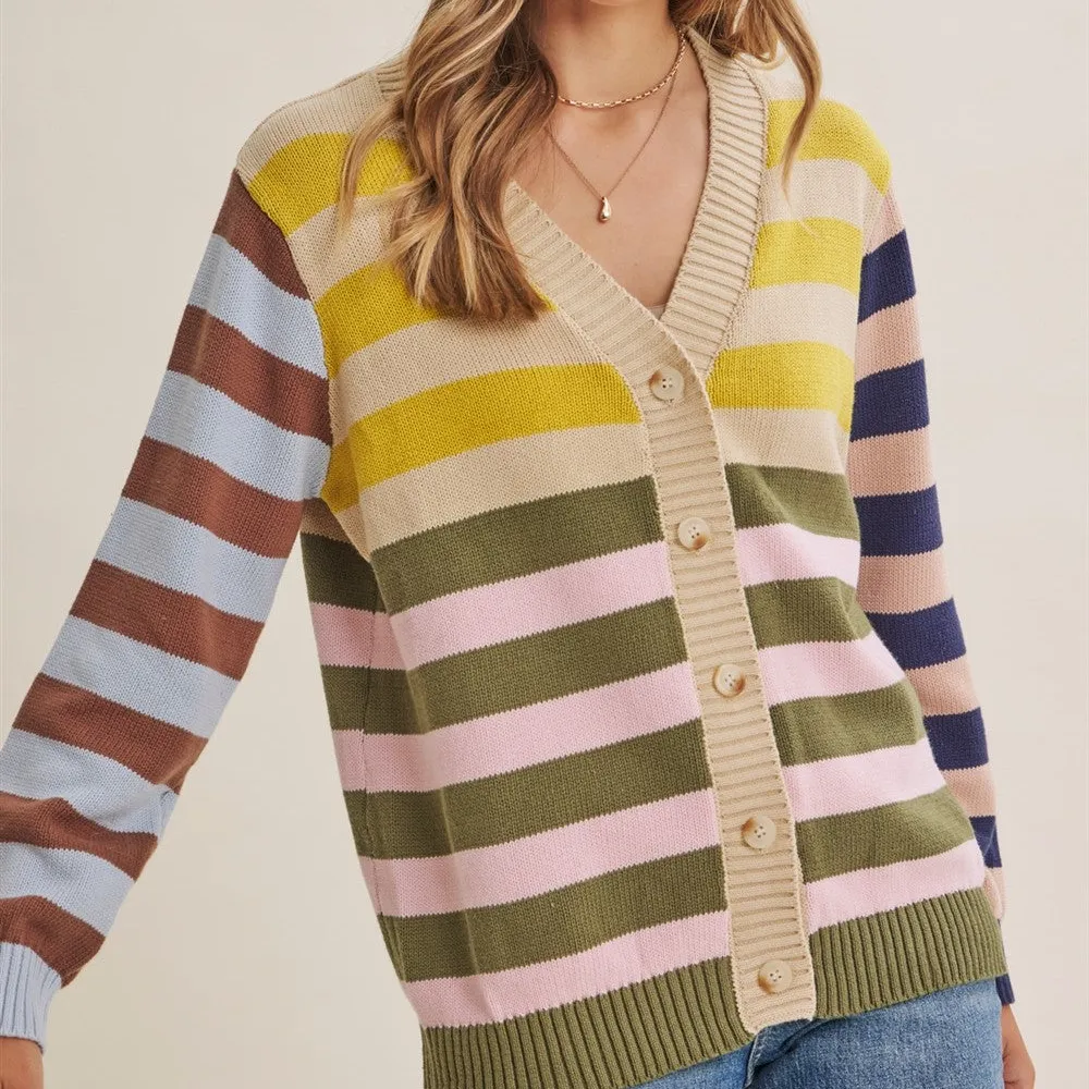 Ribbed Button Front Color Block Striped Cardigan