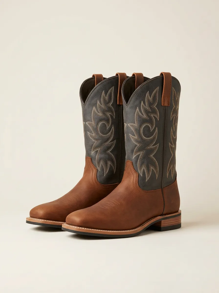 Men's Two-Tone Square-Toe Western Cowboy Boots