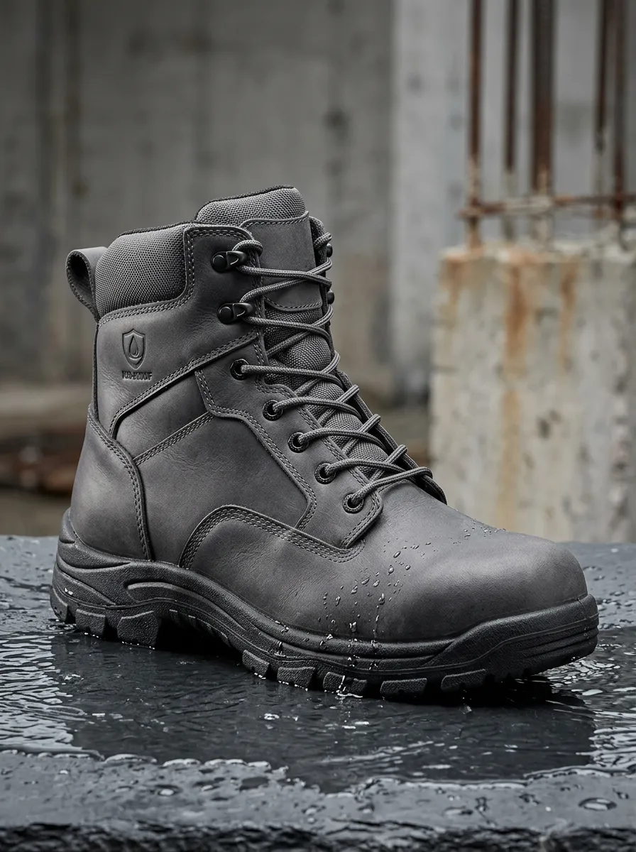 Unisex Tactical Waterproof Grey Leather Printed Work Boots
