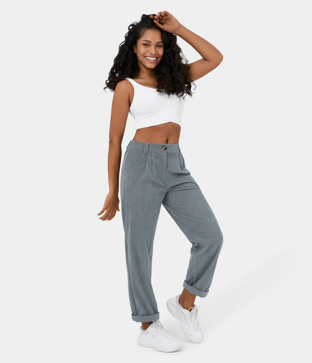 Mid Rise Button Zipper Side Pocket Corduroy Casual Pants