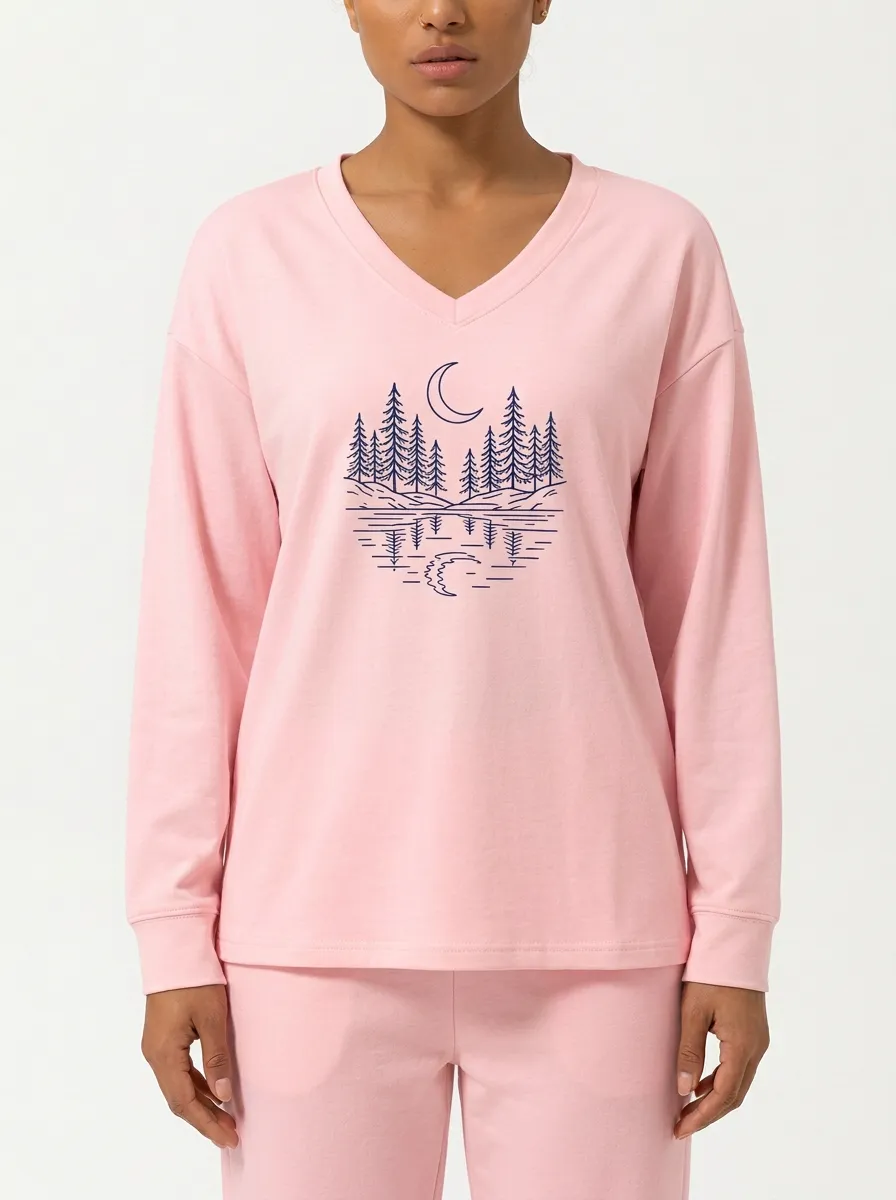 Women's Moon Graphic V-Neck Long-Sleeve Top