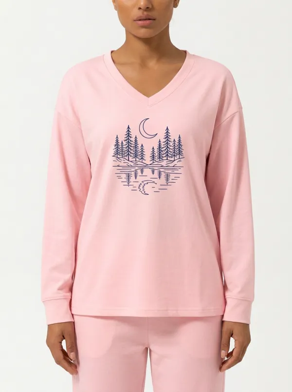 Women's Moon Graphic V-Neck Long-Sleeve Top