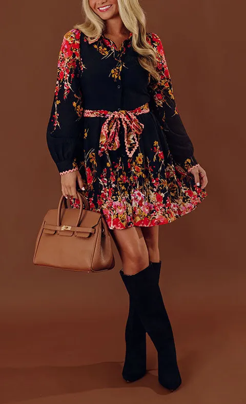 Button-Front Floral Collared Long Sleeve Mini Dress